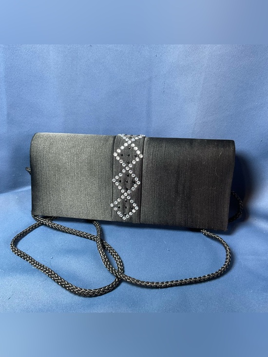 Handbags - Black Satin Evening Clutch Purse Rhinestone Accent long Strap wedding Classic